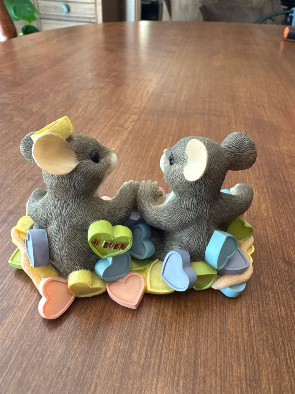 Valentine Mouse Couple Figurine in Gray and Pastel Hearts